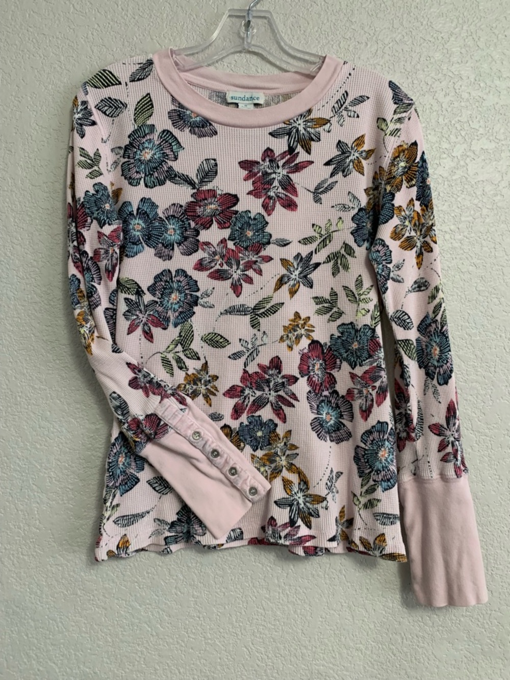 Sundance Tee Top Women M Floral Thermal Waffle Velvet Button Cuff Trim Boho Pink - Picture 1 of 16